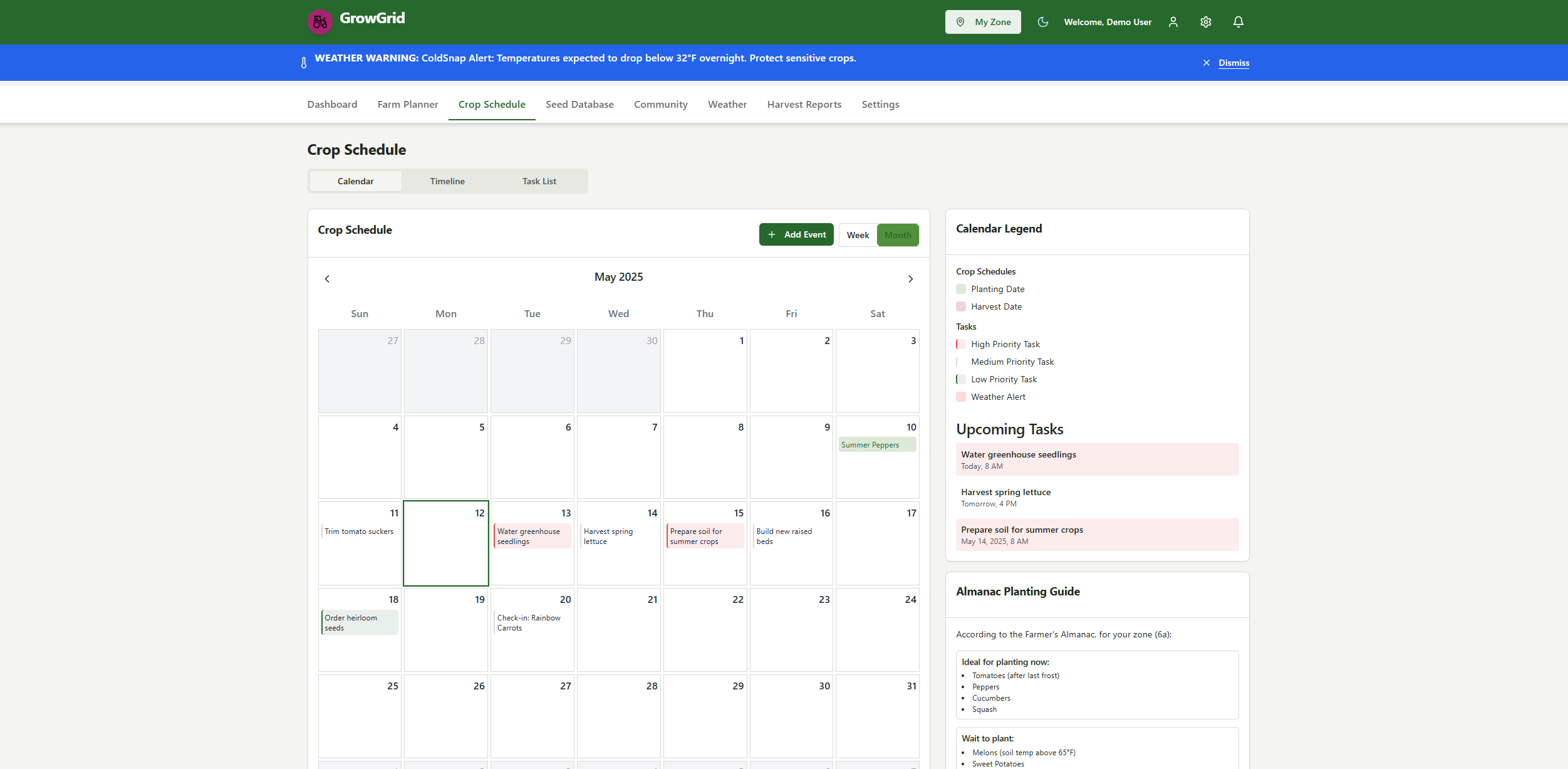 GrowGrids light mode, showing a calendar with various planting events on it