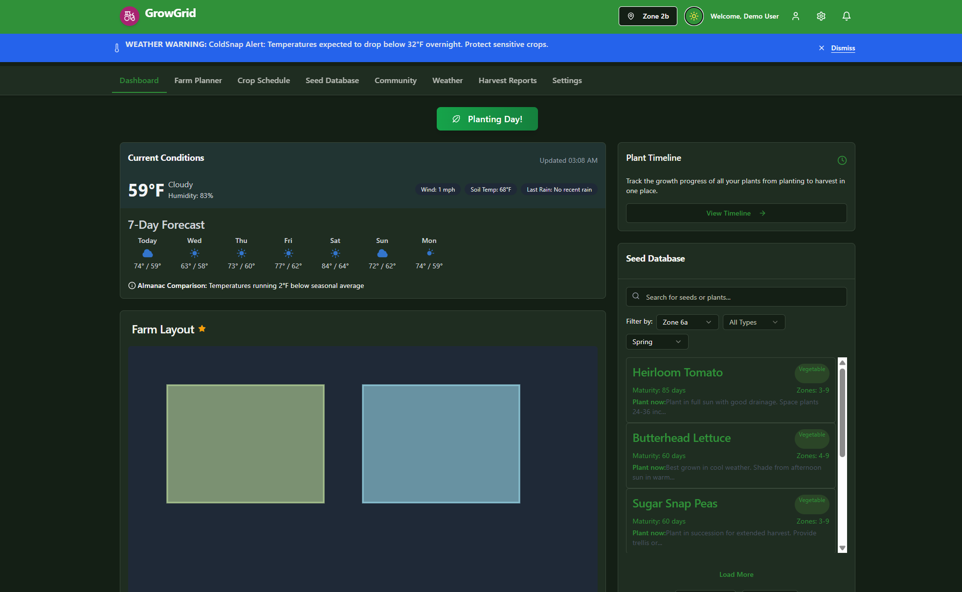 This is the main dashboard to GrowGrid with a weather warning at the top, the crop layout below, and weather in the middle